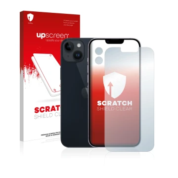Parte frontal de un envase de producto con el logotipo de la marca upscreen. Al lado se muestra el dispositivo Apple iPhone 14