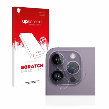 Parte frontal de un envase de producto con el logotipo de la marca upscreen. Al lado se muestra el dispositivo Apple iPhone 14