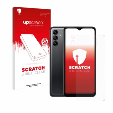 Parte frontal de un envase de producto con el logotipo de la marca upscreen. Al lado se muestra el dispositivo Samsung Galaxy 