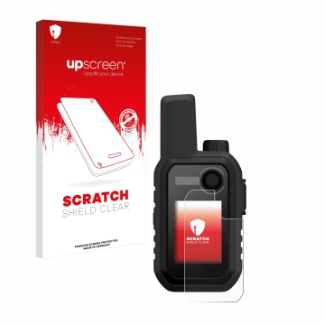 Parte frontal de un envase de producto con el logotipo de la marca upscreen. Al lado se muestra el dispositivo Garmin Alpha 10