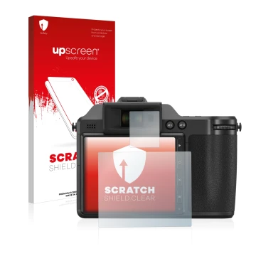 Parte frontal de un envase de producto con el logotipo de la marca upscreen. Al lado se muestra el dispositivo Fujifilm X-H2 c