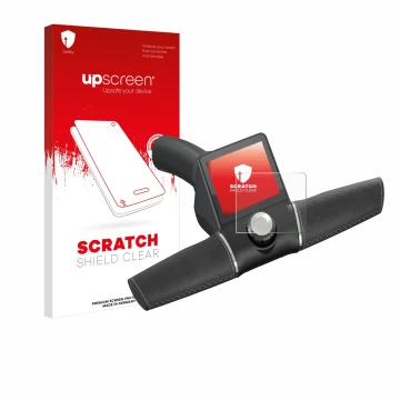 Parte frontal de un envase de producto con el logotipo de la marca upscreen. Al lado se muestra el dispositivo Motocaddy M3 GP