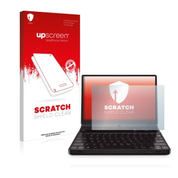 Parte frontal de un envase de producto con el logotipo de la marca upscreen. Al lado se muestra el dispositivo GPD Win Max 2 c