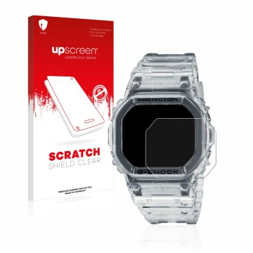 Parte frontal de un envase de producto con el logotipo de la marca upscreen. Al lado se muestra el dispositivo Casio G-Shock D