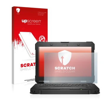 Parte frontal de un envase de producto con el logotipo de la marca upscreen. Al lado se muestra el dispositivo Dell Latitude 5