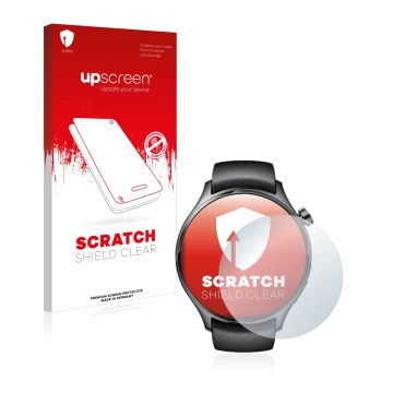 Parte frontal de un envase de producto con el logotipo de la marca upscreen. Al lado se muestra el dispositivo Xiaomi Watch S1