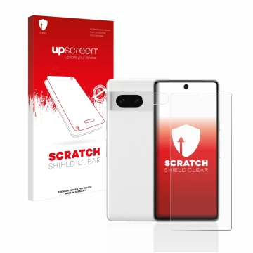 Parte frontal de un envase de producto con el logotipo de la marca upscreen. Al lado se muestra el dispositivo Google Pixel 7 