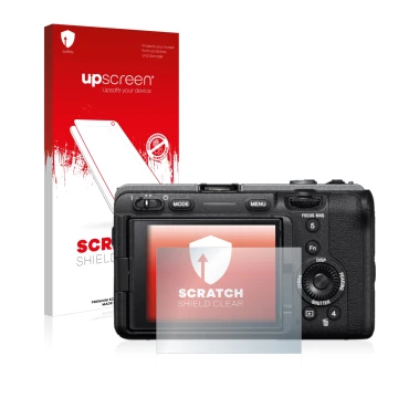 Parte frontal de un envase de producto con el logotipo de la marca upscreen. Al lado se muestra el dispositivo Sony Alpha FX30