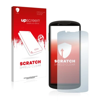 Parte frontal de un envase de producto con el logotipo de la marca upscreen. Al lado se muestra el dispositivo Zebra TC58 con 