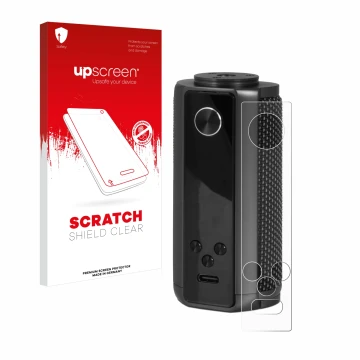 Parte frontal de un envase de producto con el logotipo de la marca upscreen. Al lado se muestra el dispositivo Vaporesso Targe