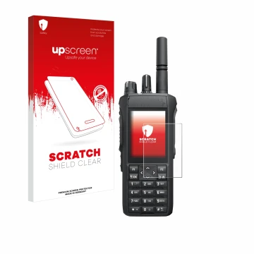Parte frontal de un envase de producto con el logotipo de la marca upscreen. Al lado se muestra el dispositivo Motorola R7 con
