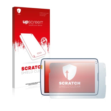 Parte frontal de un envase de producto con el logotipo de la marca upscreen. Al lado se muestra el dispositivo Zebra ET45 10.1