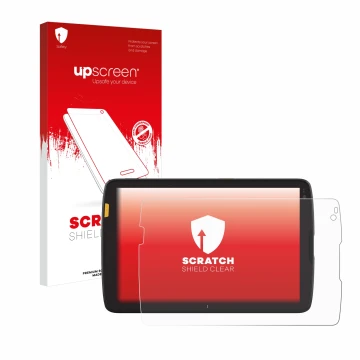 Parte frontal de un envase de producto con el logotipo de la marca upscreen. Al lado se muestra el dispositivo Zebra ET45 8