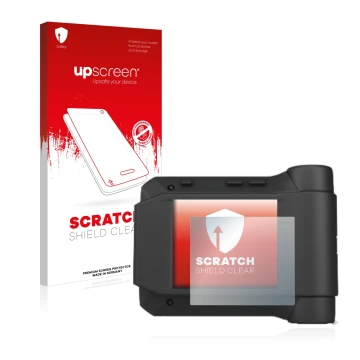Parte frontal de un envase de producto con el logotipo de la marca upscreen. Al lado se muestra el dispositivo Swissphone s.Qu