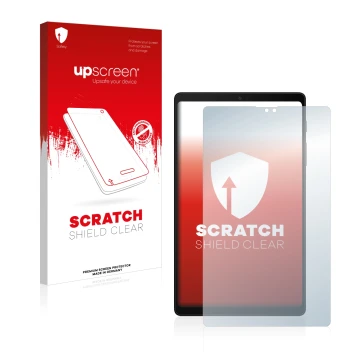 Parte frontal de un envase de producto con el logotipo de la marca upscreen. Al lado se muestra el dispositivo Samsung Galaxy 