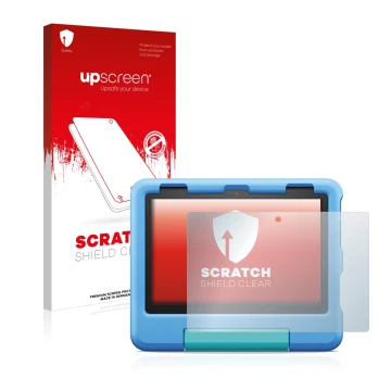 Parte frontal de un envase de producto con el logotipo de la marca upscreen. Al lado se muestra el dispositivo Amazon Fire HD 