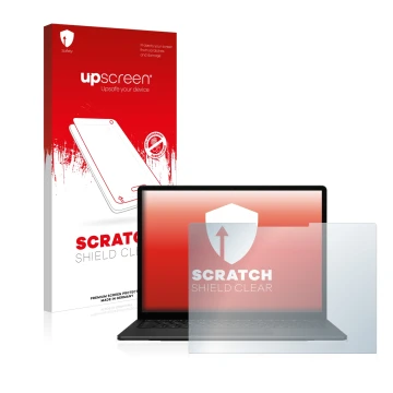 Parte frontal de un envase de producto con el logotipo de la marca upscreen. Al lado se muestra el dispositivo Microsoft Surfa