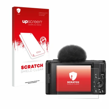 Parte frontal de un envase de producto con el logotipo de la marca upscreen. Al lado se muestra el dispositivo Sony ZV-1F con 