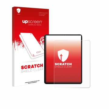 Parte frontal de un envase de producto con el logotipo de la marca upscreen. Al lado se muestra el dispositivo Apple iPad Pro 