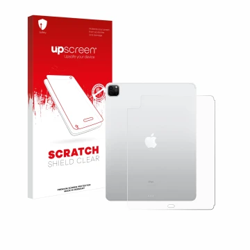 Parte frontal de un envase de producto con el logotipo de la marca upscreen. Al lado se muestra el dispositivo Apple iPad Pro 