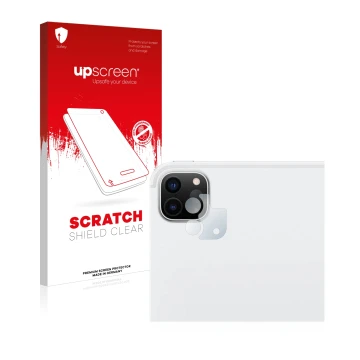 Parte frontal de un envase de producto con el logotipo de la marca upscreen. Al lado se muestra el dispositivo Apple iPad Pro 