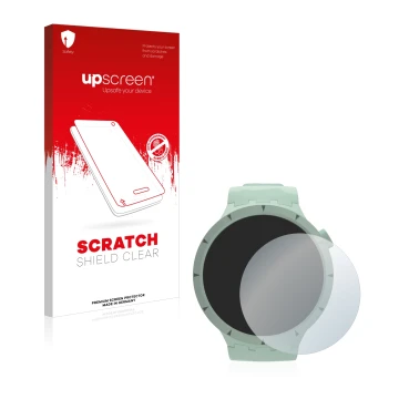 Parte frontal de un envase de producto con el logotipo de la marca upscreen. Al lado se muestra el dispositivo Swatch Big Bold