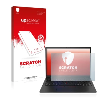 Parte frontal de un envase de producto con el logotipo de la marca upscreen. Al lado se muestra el dispositivo Lenovo ThinkPad
