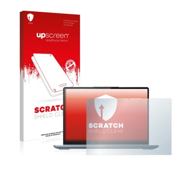 Parte frontal de un envase de producto con el logotipo de la marca upscreen. Al lado se muestra el dispositivo Lenovo IdeaPad 