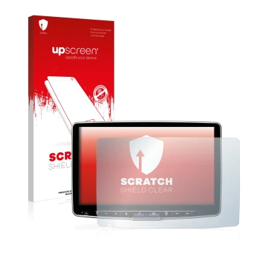 Parte frontal de un envase de producto con el logotipo de la marca upscreen. Al lado se muestra el dispositivo Alpine ILX-F115