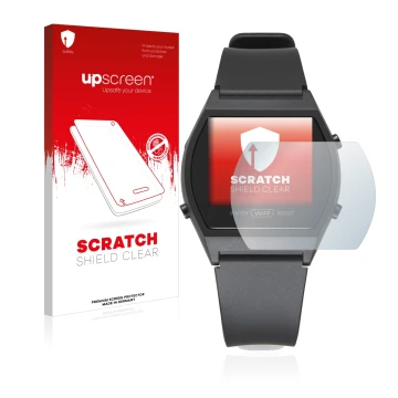 Parte frontal de un envase de producto con el logotipo de la marca upscreen. Al lado se muestra el dispositivo Casio LW-204-1B