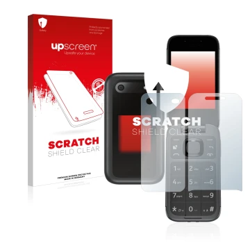 Parte frontal de un envase de producto con el logotipo de la marca upscreen. Al lado se muestra el dispositivo Nokia 2660 Flip