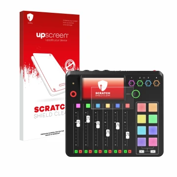 Parte frontal de un envase de producto con el logotipo de la marca upscreen. Al lado se muestra el dispositivo Rode Rodecaster