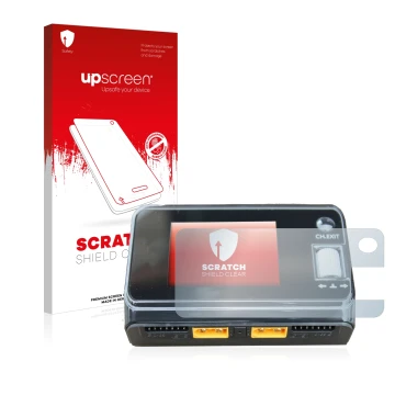 Parte frontal de un envase de producto con el logotipo de la marca upscreen. Al lado se muestra el dispositivo ToolkitRC M6D D