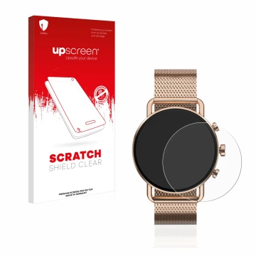 Parte frontal de un envase de producto con el logotipo de la marca upscreen. Al lado se muestra el dispositivo Skagen Falster 