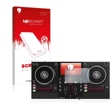 Parte frontal de un envase de producto con el logotipo de la marca upscreen. Al lado se muestra el dispositivo Numark Mixstrea