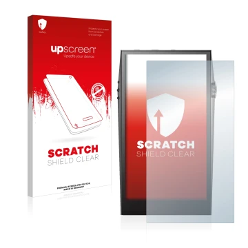 Parte frontal de un envase de producto con el logotipo de la marca upscreen. Al lado se muestra el dispositivo Astell&Kern SP3