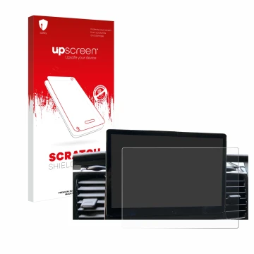 Parte frontal de un envase de producto con el logotipo de la marca upscreen. Al lado se muestra el dispositivo Ford Transit SY