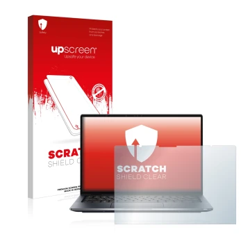 Parte frontal de un envase de producto con el logotipo de la marca upscreen. Al lado se muestra el dispositivo Dell Latitude 9