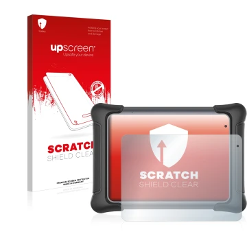 Parte frontal de un envase de producto con el logotipo de la marca upscreen. Al lado se muestra el dispositivo Autel MaxiSys E