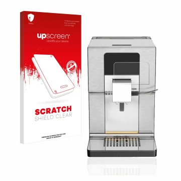 Parte frontal de un envase de producto con el logotipo de la marca upscreen. Al lado se muestra el dispositivo Krups Intuition