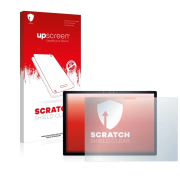 Parte frontal de un envase de producto con el logotipo de la marca upscreen. Al lado se muestra el dispositivo Dell XPS 13 931