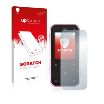 Parte frontal de un envase de producto con el logotipo de la marca upscreen. Al lado se muestra el dispositivo Vtech Kidizoom 