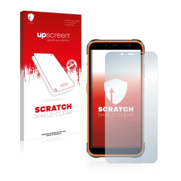 Parte frontal de un envase de producto con el logotipo de la marca upscreen. Al lado se muestra el dispositivo Ulefone Power A