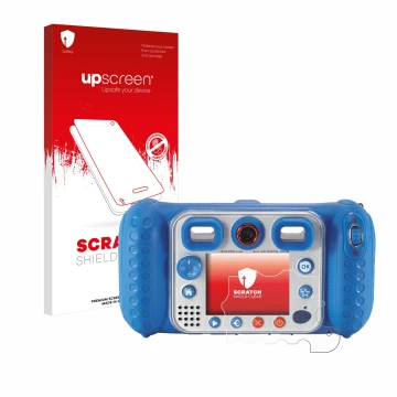 Parte frontal de un envase de producto con el logotipo de la marca upscreen. Al lado se muestra el dispositivo Vtech Kidizoom 