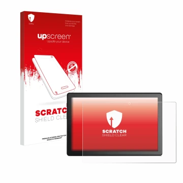 Parte frontal de un envase de producto con el logotipo de la marca upscreen. Al lado se muestra el dispositivo emporia TAB 1 1