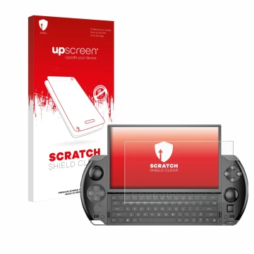 Parte frontal de un envase de producto con el logotipo de la marca upscreen. Al lado se muestra el dispositivo GPD Win 4 con s