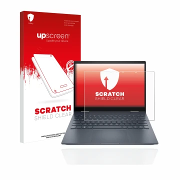 Parte frontal de un envase de producto con el logotipo de la marca upscreen. Al lado se muestra el dispositivo HP Envy x360 13