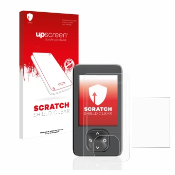 Parte frontal de un envase de producto con el logotipo de la marca upscreen. Al lado se muestra el dispositivo Dexcom G7 CGM c