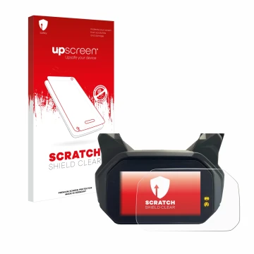 Parte frontal de un envase de producto con el logotipo de la marca upscreen. Al lado se muestra el dispositivo BMW C400 GT TFT
