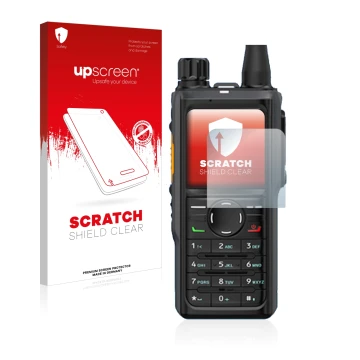 Parte frontal de un envase de producto con el logotipo de la marca upscreen. Al lado se muestra el dispositivo Hytera HP 685 c